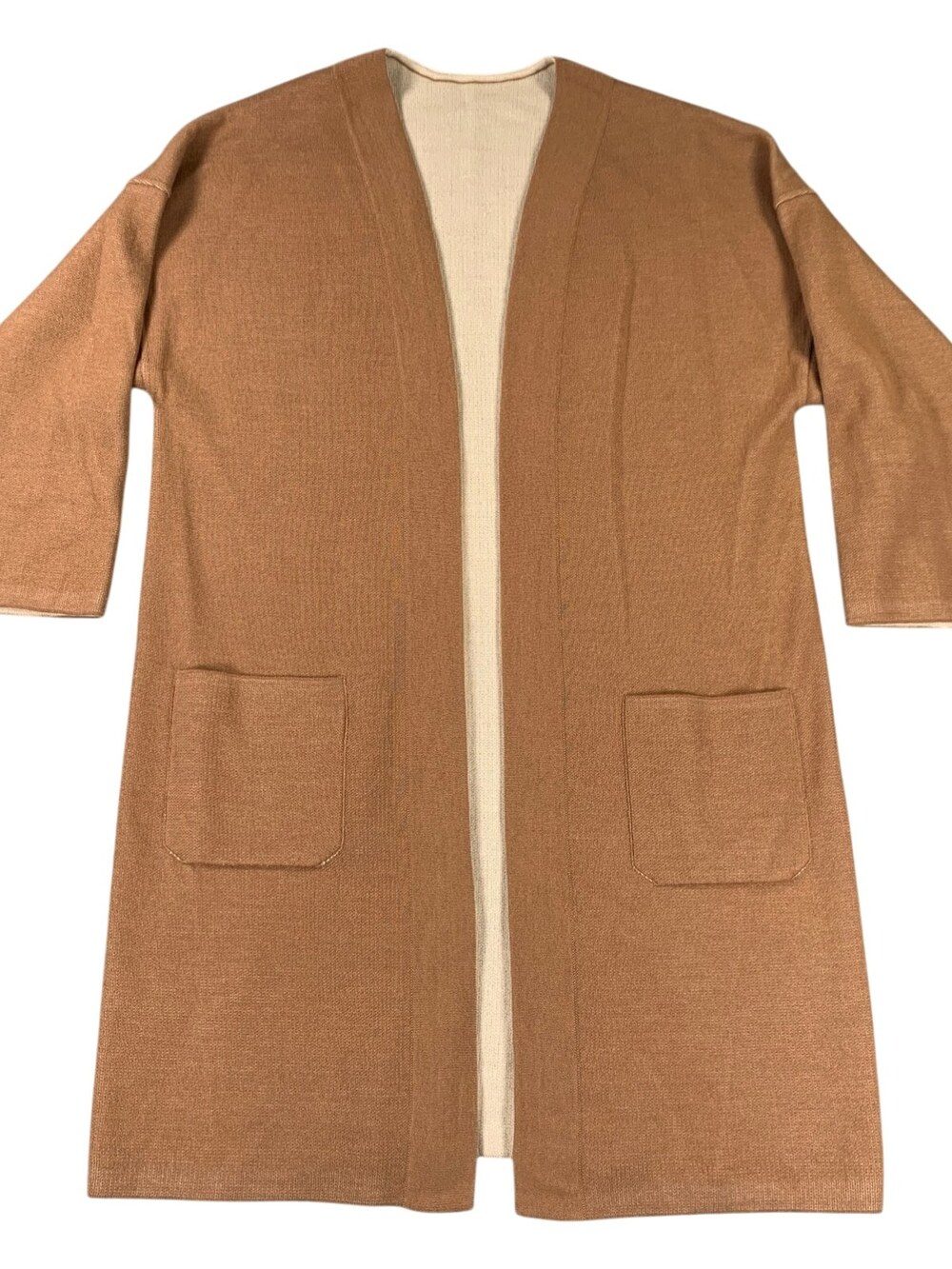 Romelya Cardigan Sweater Duster Open Front Reversible Camel Cream Knit Women's